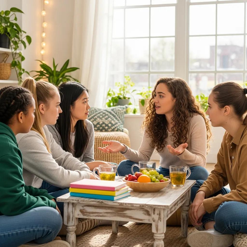 Teenage girls discussing health and wellness, emphasizing endometriosis awareness and support