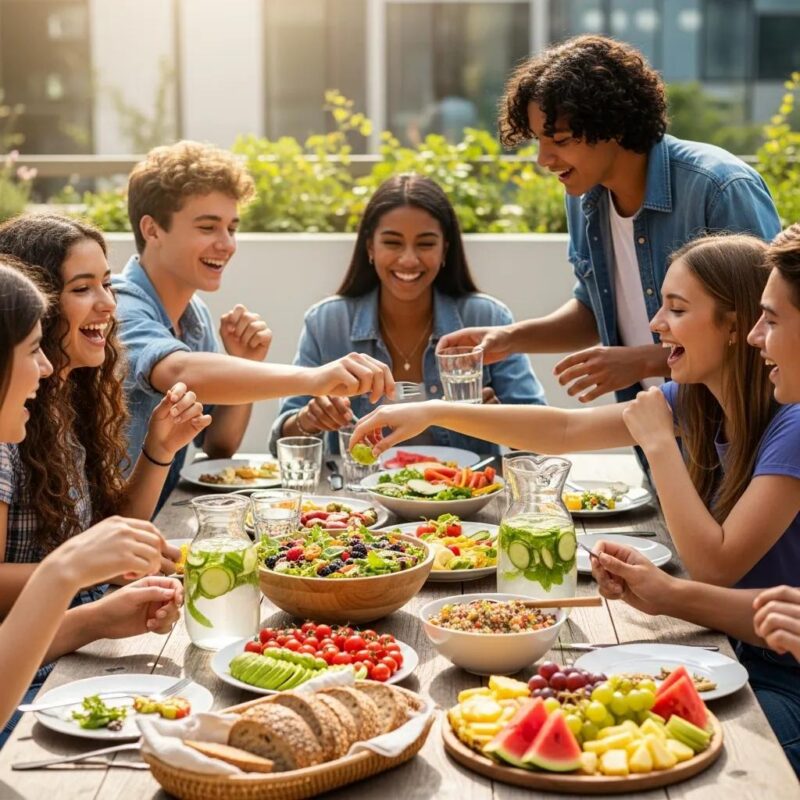 Teenagers sharing a healthy meal with fruits and vegetables, emphasizing nutrition's role in managing endometriosis