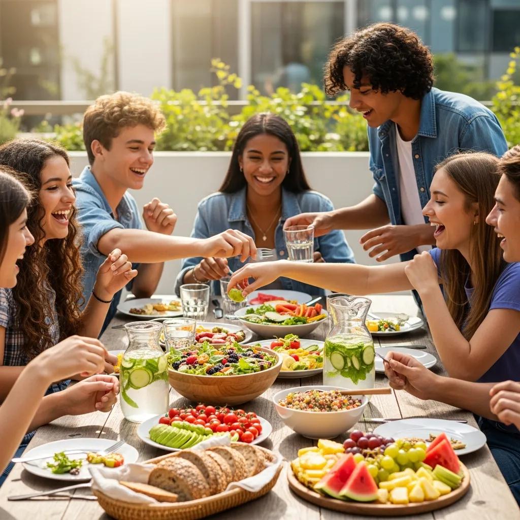 Teenagers sharing a healthy meal with fruits and vegetables, emphasizing nutrition's role in managing endometriosis