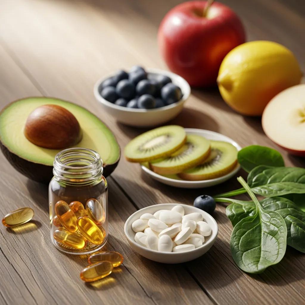 Variety of nutritional supplements including omega-3 capsules and vitamin D softgels on a wooden table