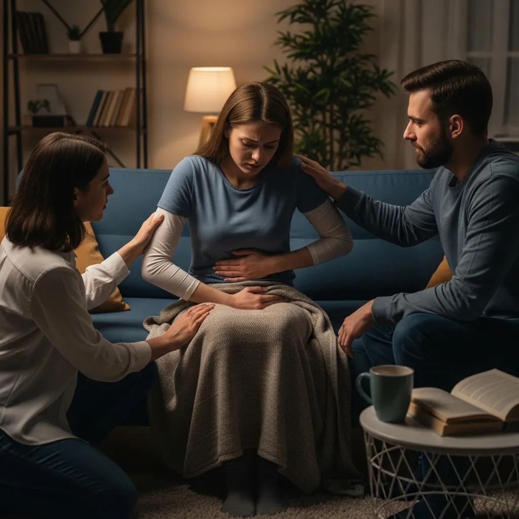 Woman experiencing chronic pain with supportive friends, illustrating the link between pain and anxiety