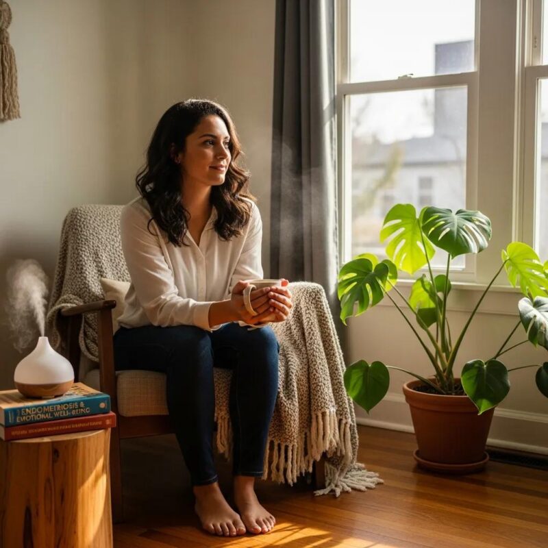 Woman in a peaceful setting reflecting on mental health and endometriosis