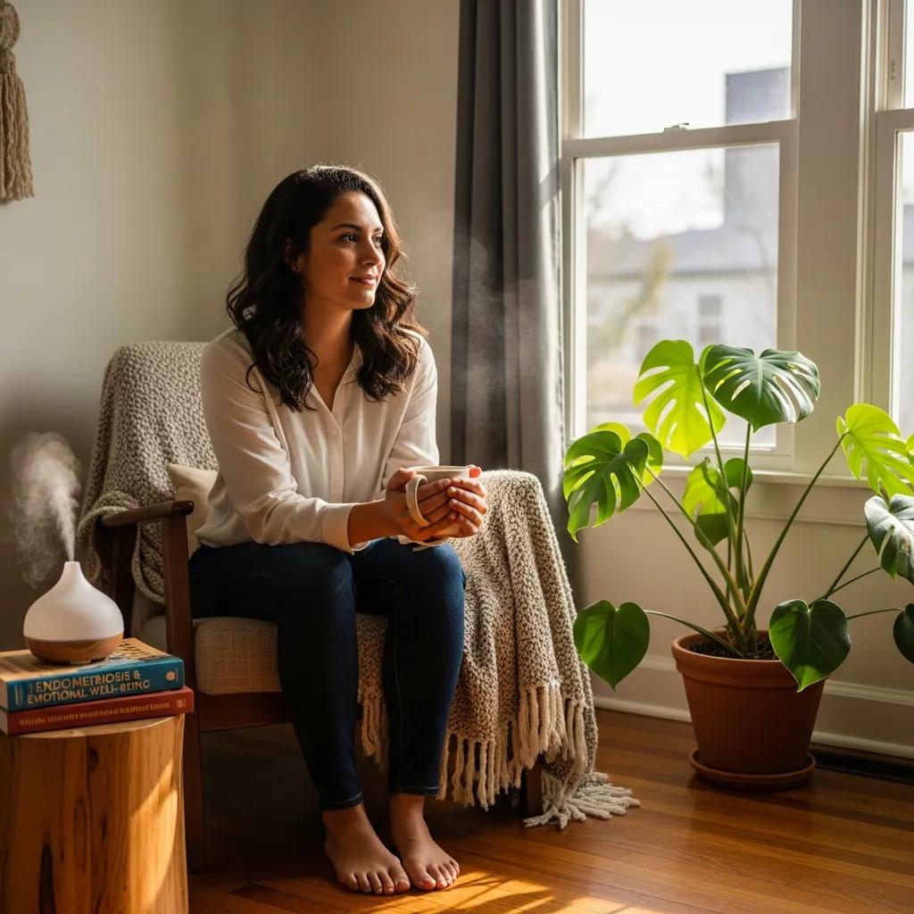 Woman in a peaceful setting reflecting on mental health and endometriosis