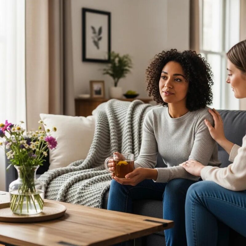 Young woman discussing health in a supportive environment, highlighting endometriosis awareness