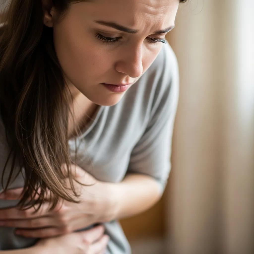 Young woman holding her abdomen, representing the health and fertility risks of untreated endometriosis
