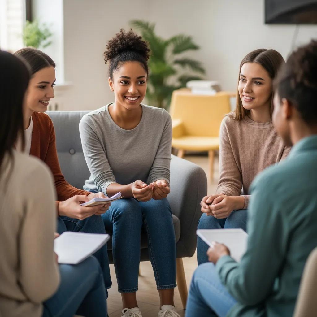 Young woman in a support group for endometriosis, surrounded by peers sharing experiences