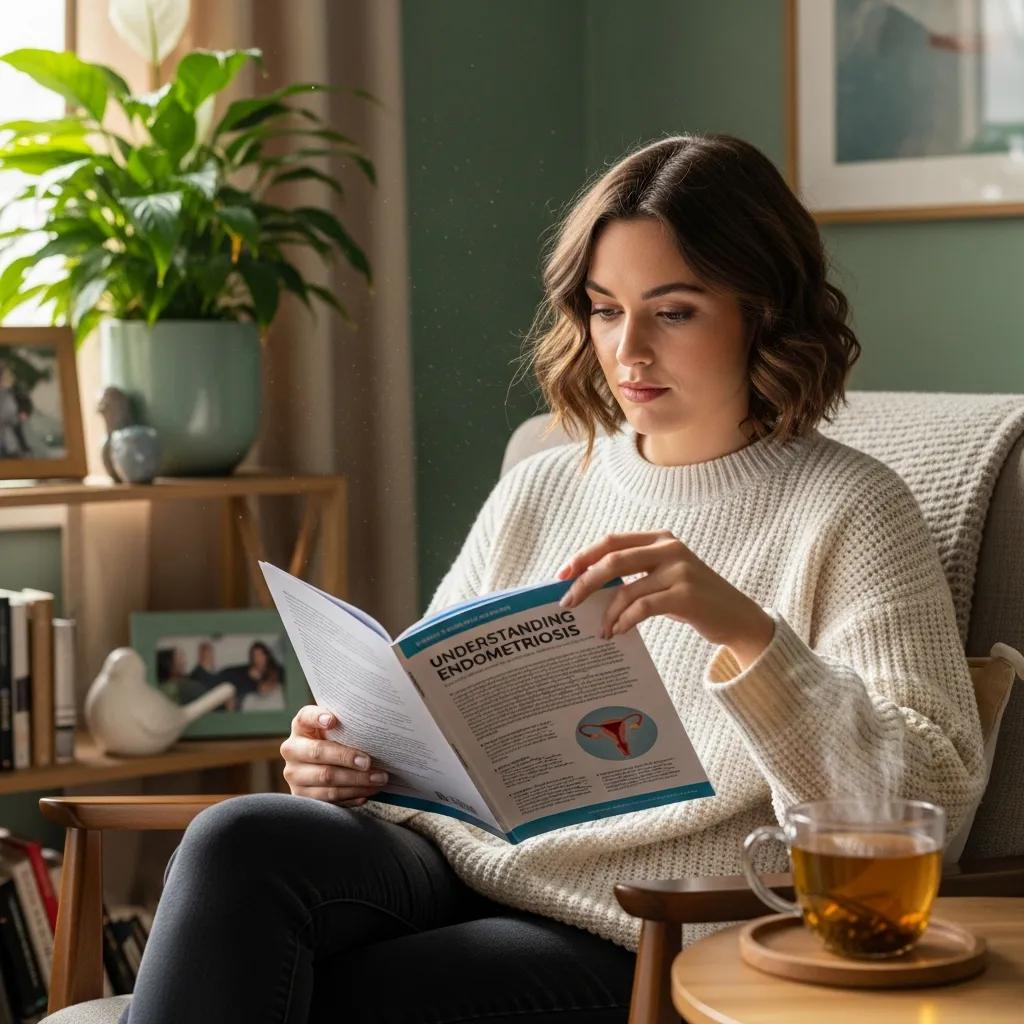 Young woman reviewing endometriosis information in a cozy setting