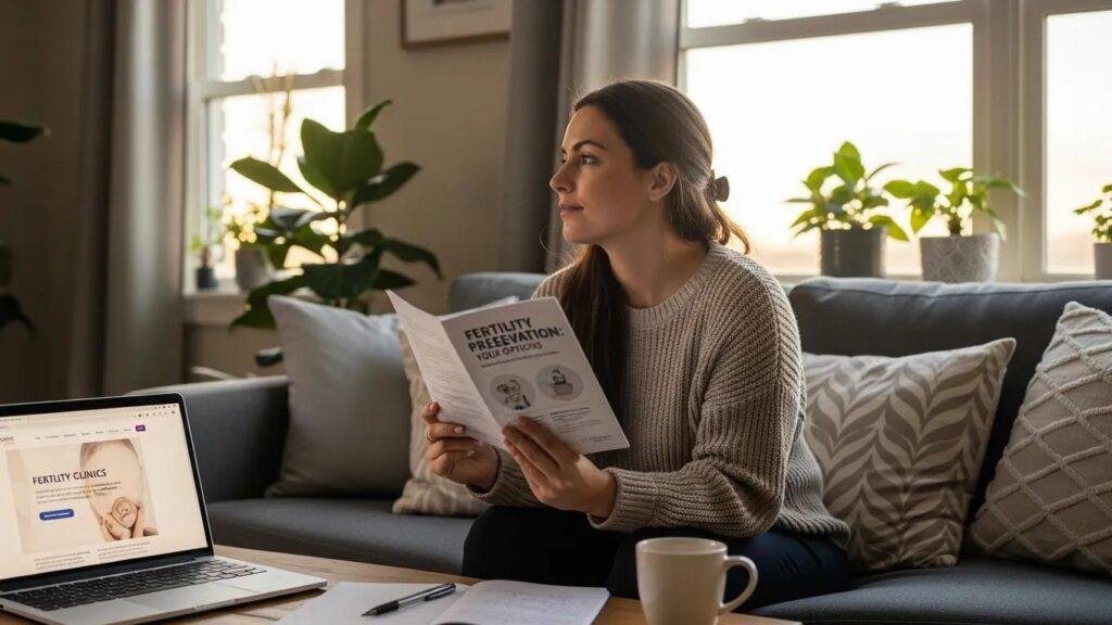 Woman contemplating fertility preservation options in a cozy home setting