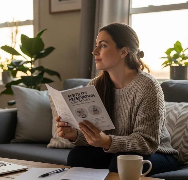 Woman contemplating fertility preservation options in a cozy home setting