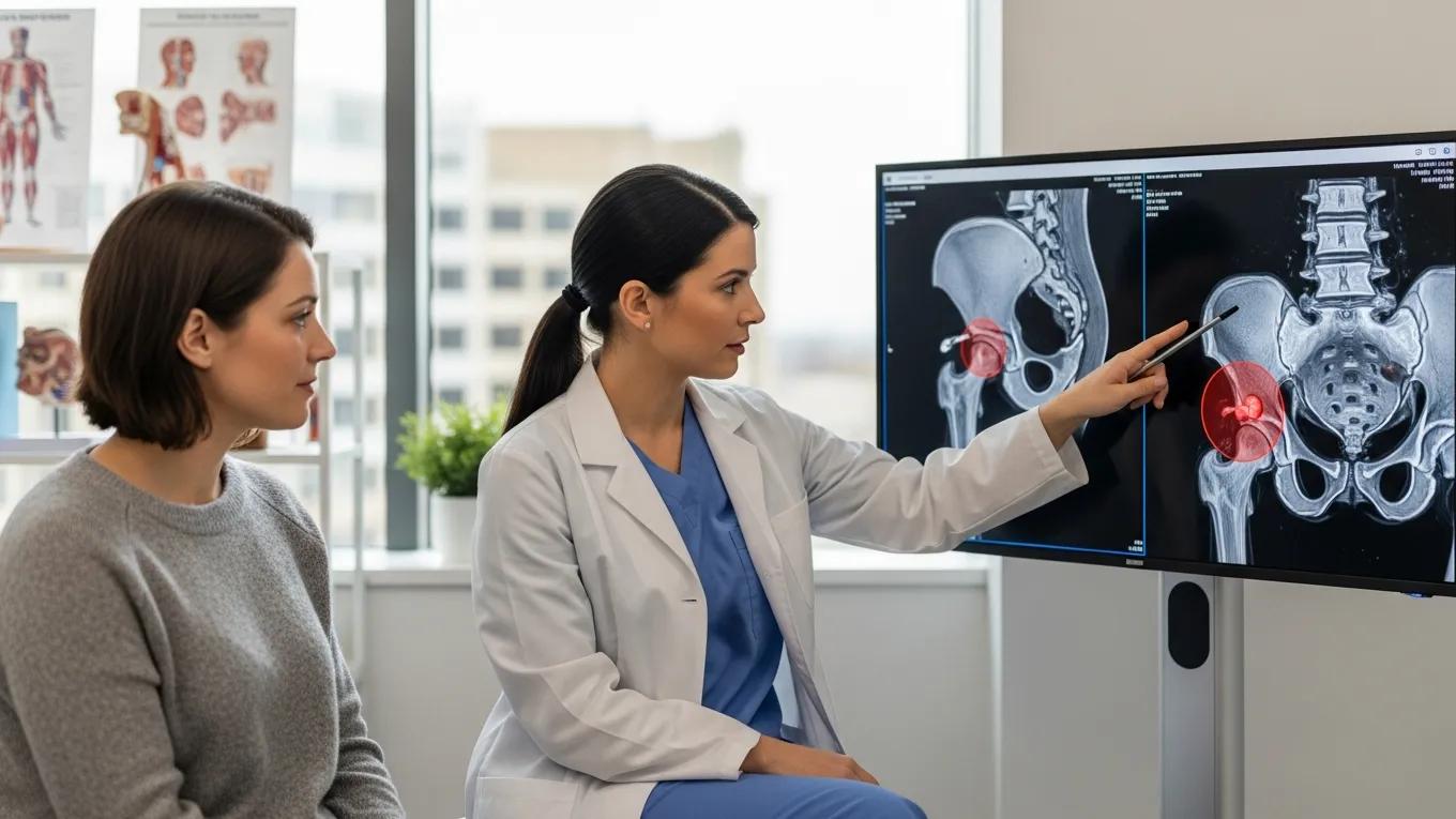 Healthcare professional explaining MRI results to a patient, highlighting the diagnostic process for sciatic endometriosis