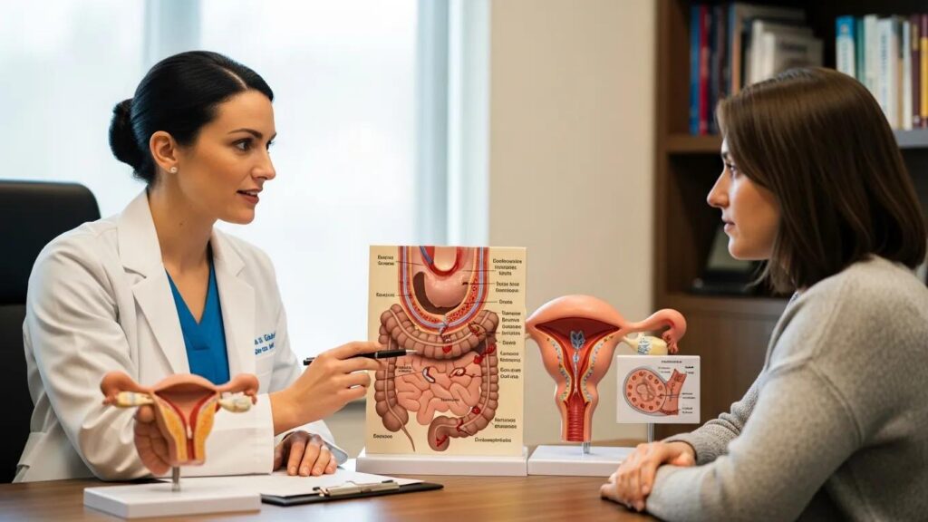 Healthcare professional explaining bowel endometriosis to a patient with anatomical models