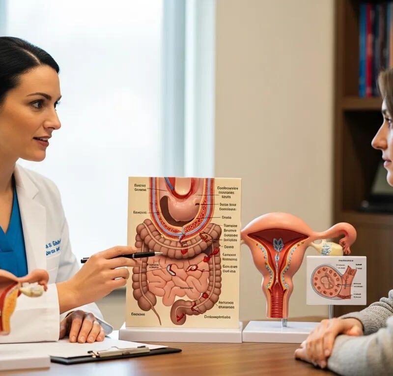 Healthcare professional explaining bowel endometriosis to a patient with anatomical models