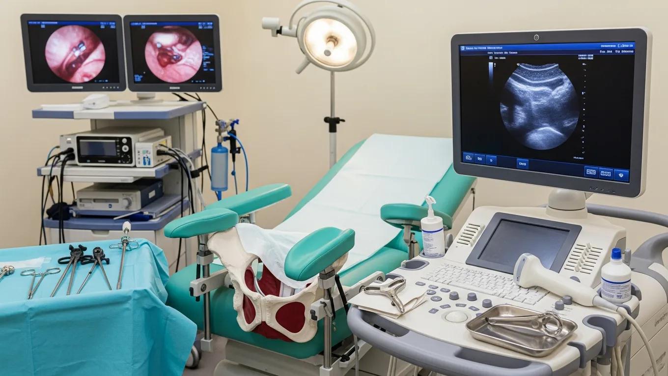 Diagnostic tools for endometriosis evaluation, including ultrasound and laparoscopy equipment