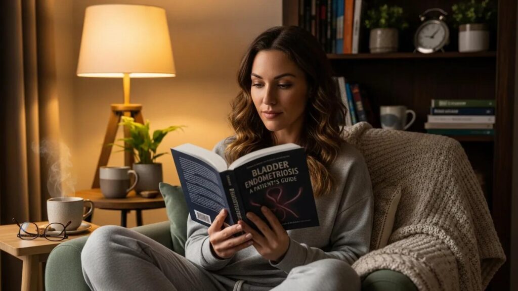 Woman reading about bladder endometriosis in a cozy home setting
