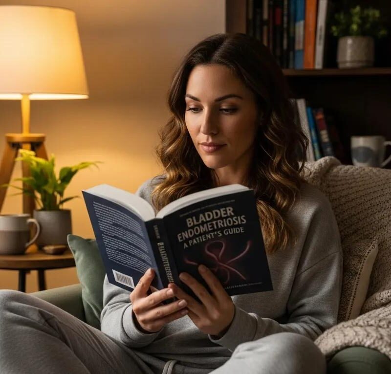 Woman reading about bladder endometriosis in a cozy home setting