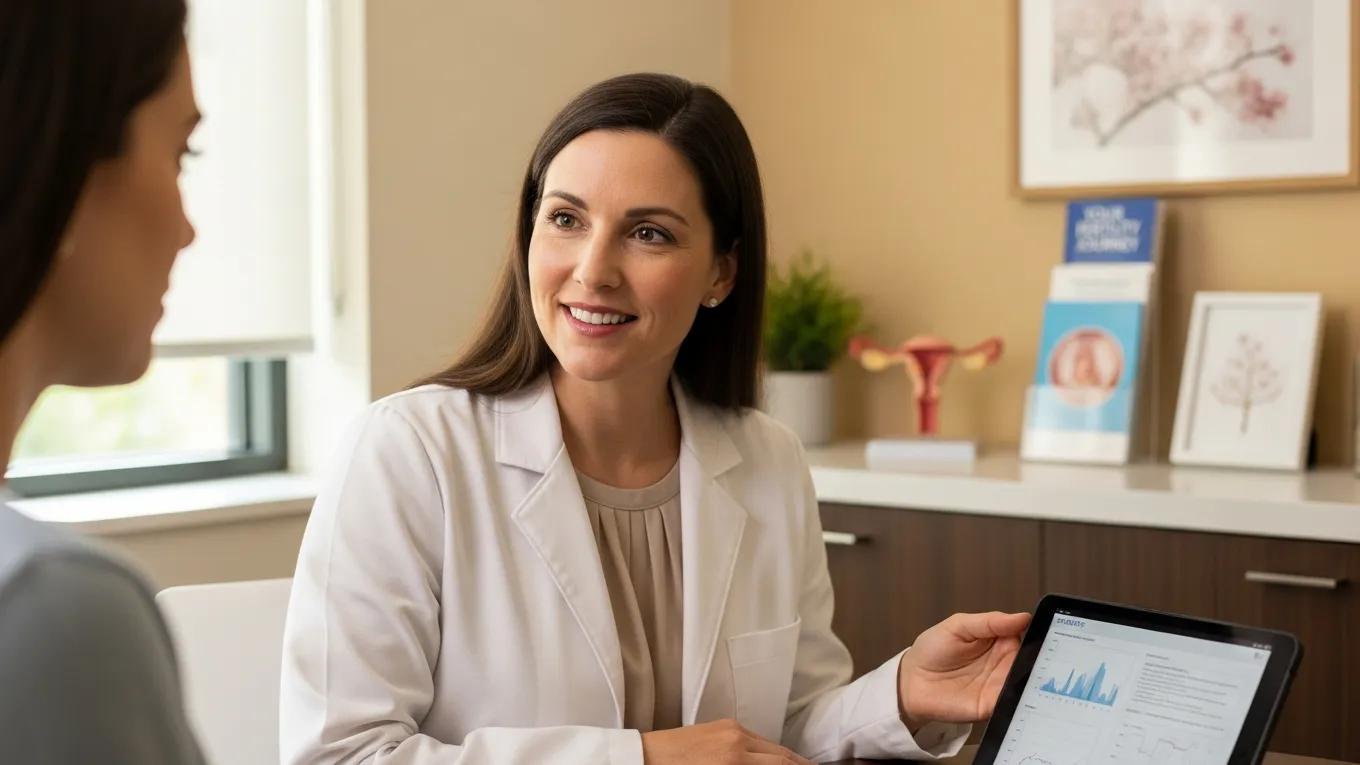 Fertility specialist consulting with a patient about preservation options in a warm clinic setting