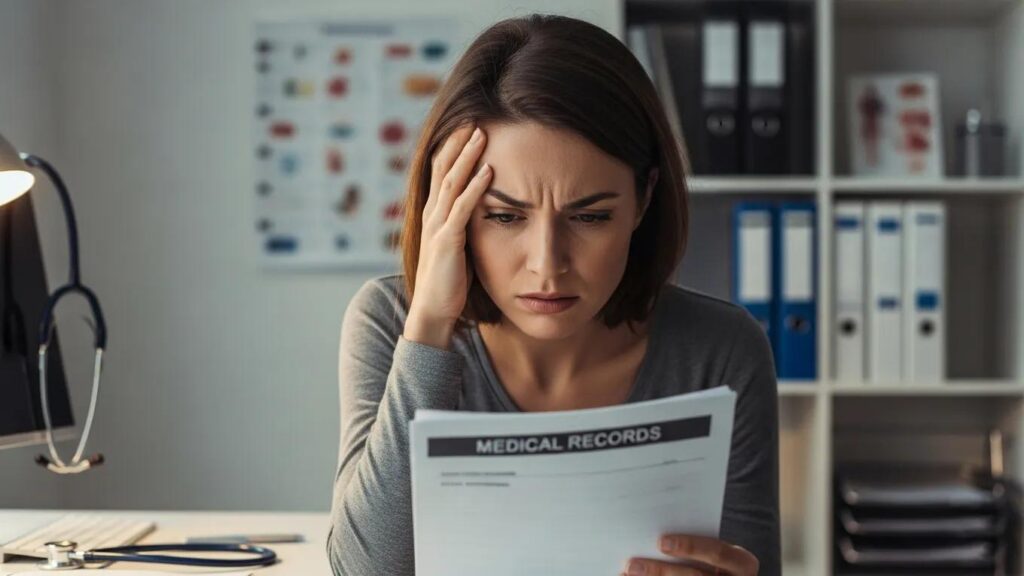 Frustrated woman in a doctor's office feeling dismissed about her endometriosis symptoms