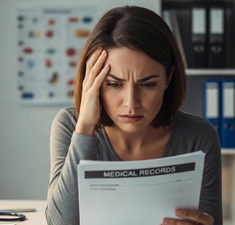 Frustrated woman in a doctor's office feeling dismissed about her endometriosis symptoms