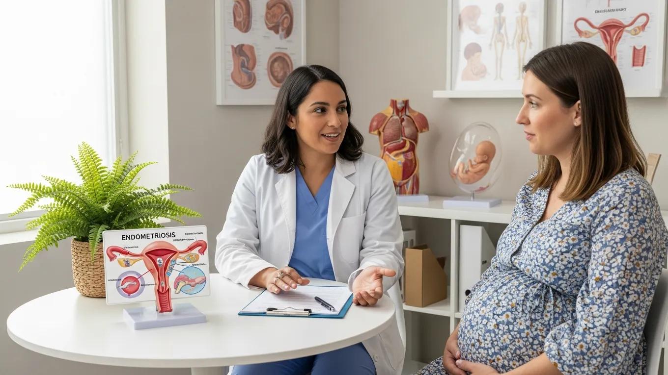 Healthcare professional discussing endometriosis management with a pregnant patient