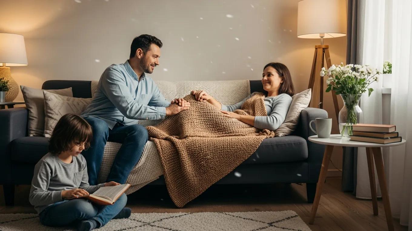 Patient recovering at home after excision surgery for endometriosis, supported by family