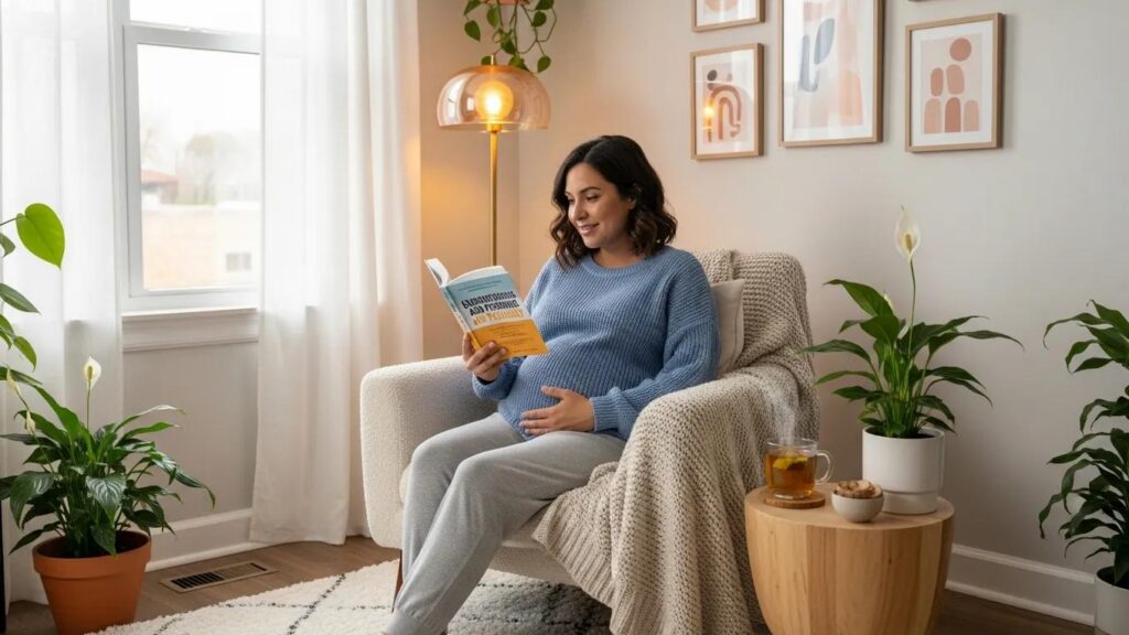 Pregnant woman reading about managing endometriosis in a cozy home setting