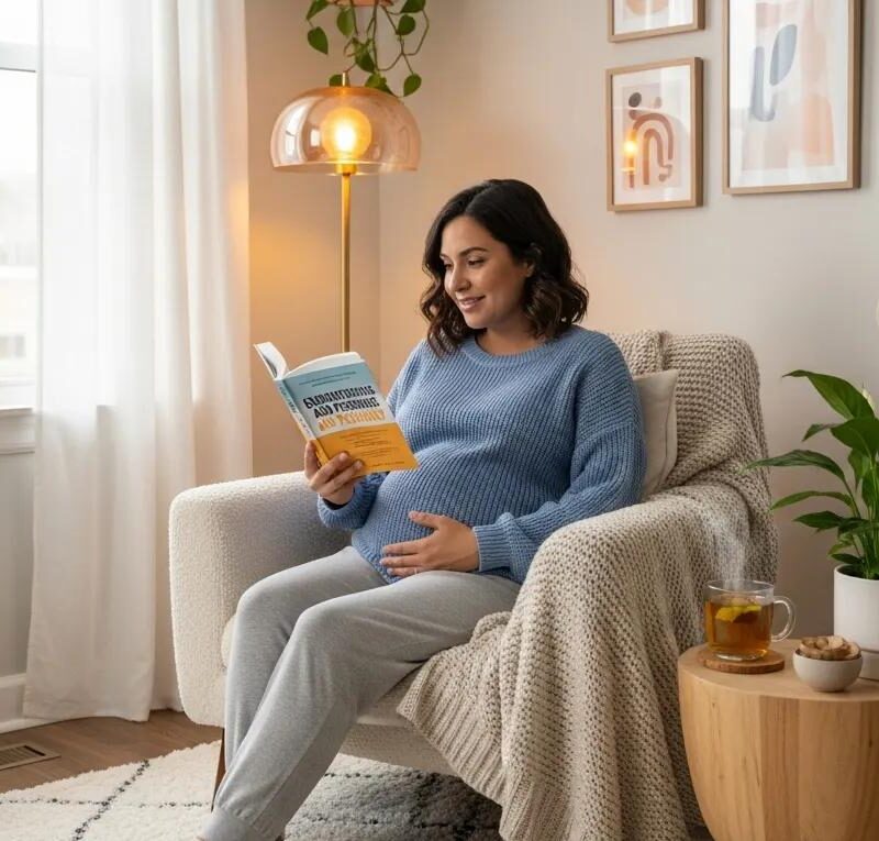 Pregnant woman reading about managing endometriosis in a cozy home setting