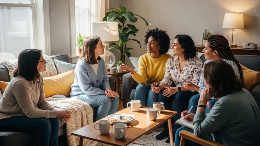 Supportive group of women discussing endometriosis and fertility in a warm, inviting setting