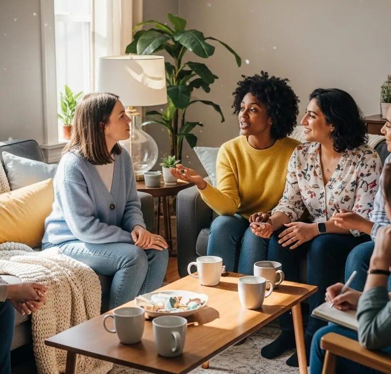 Supportive group of women discussing endometriosis and fertility in a warm, inviting setting