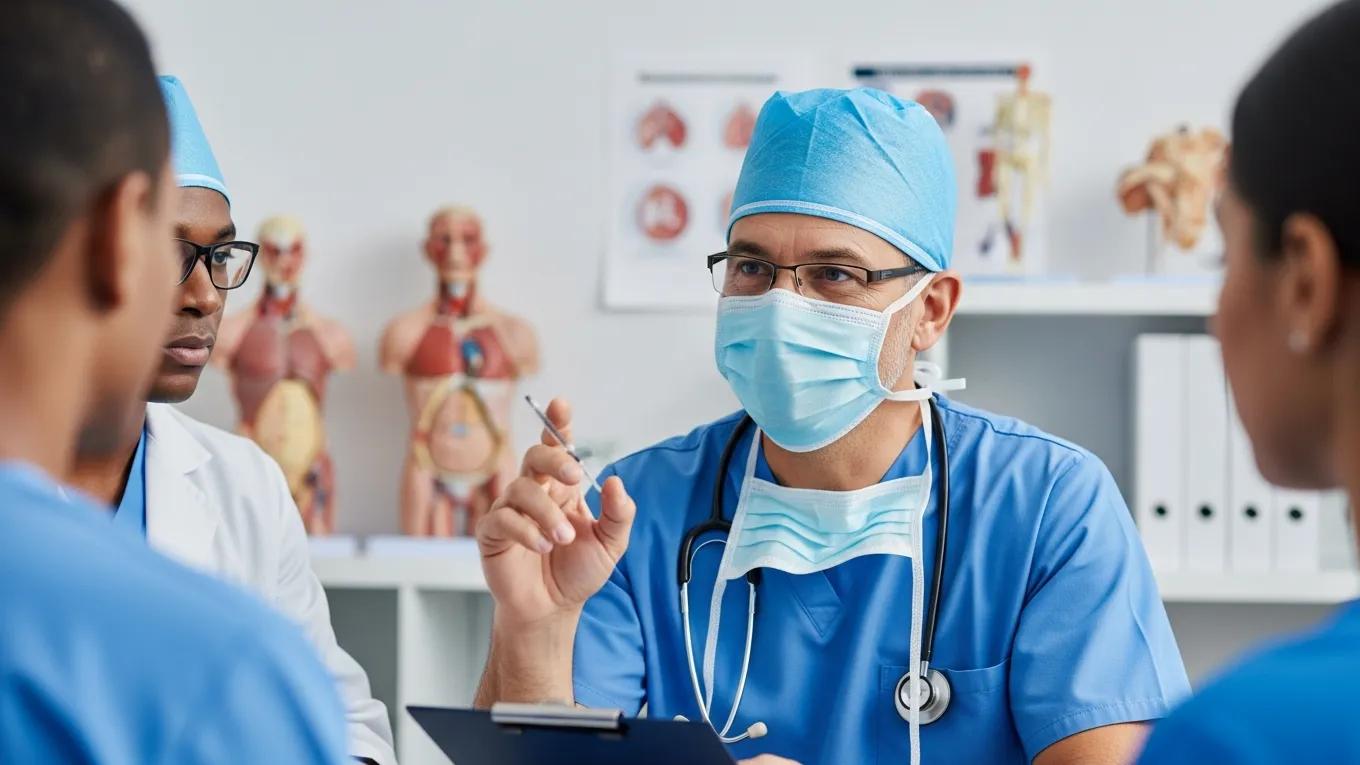 Surgeon consulting with a medical team about endometriosis excision surgery