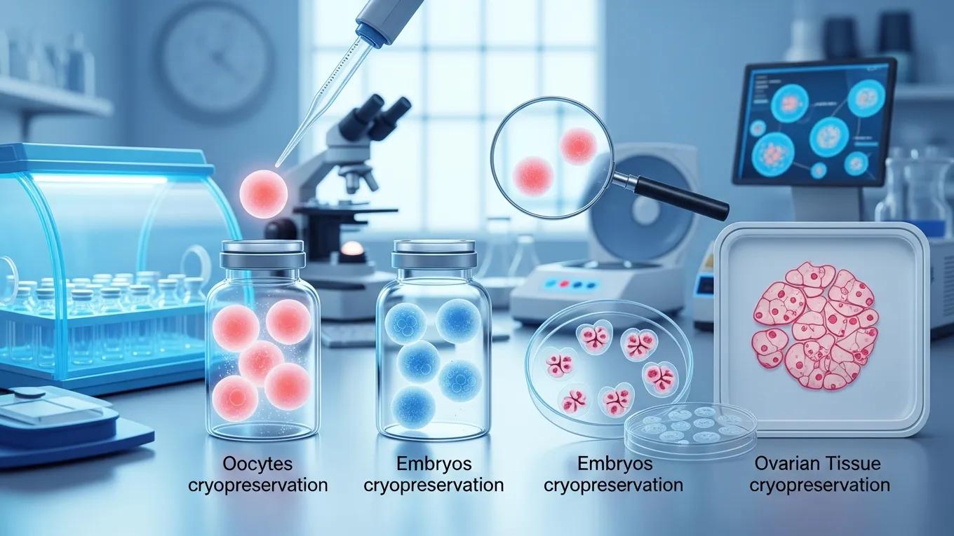 Visual representation of fertility preservation methods including egg and embryo freezing
