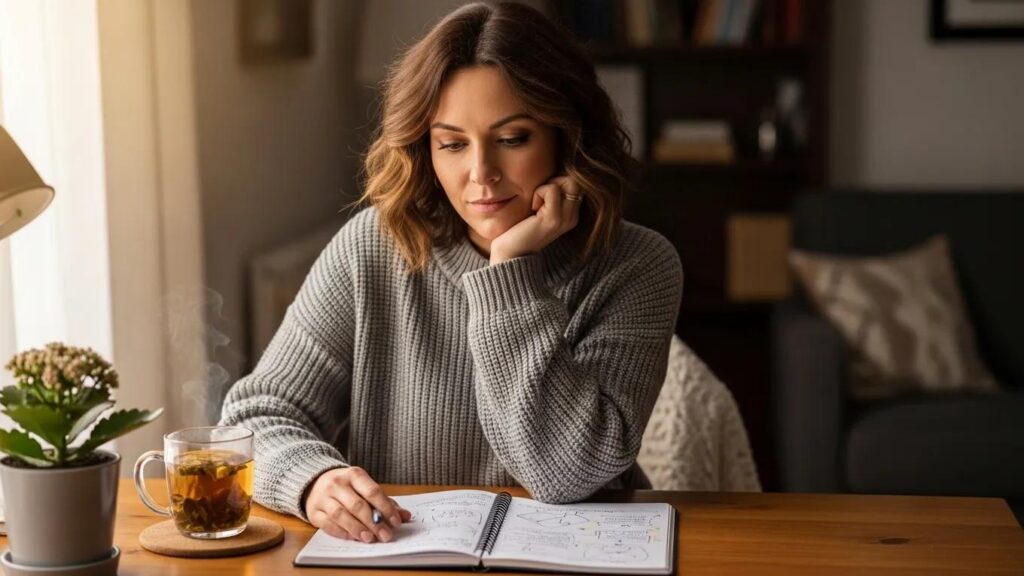 Woman contemplating cognitive symptoms of endometriosis in a cozy workspace