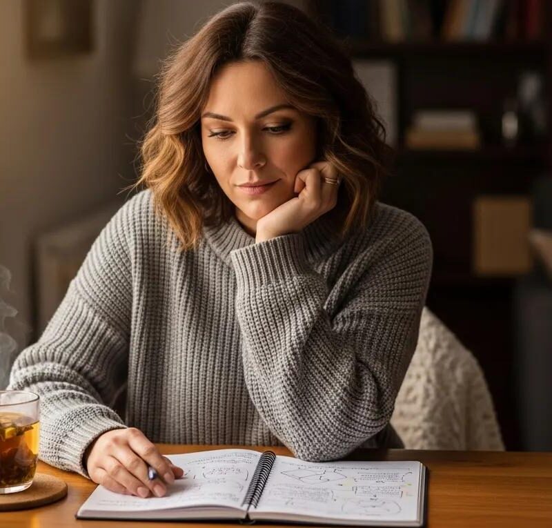 Woman contemplating cognitive symptoms of endometriosis in a cozy workspace