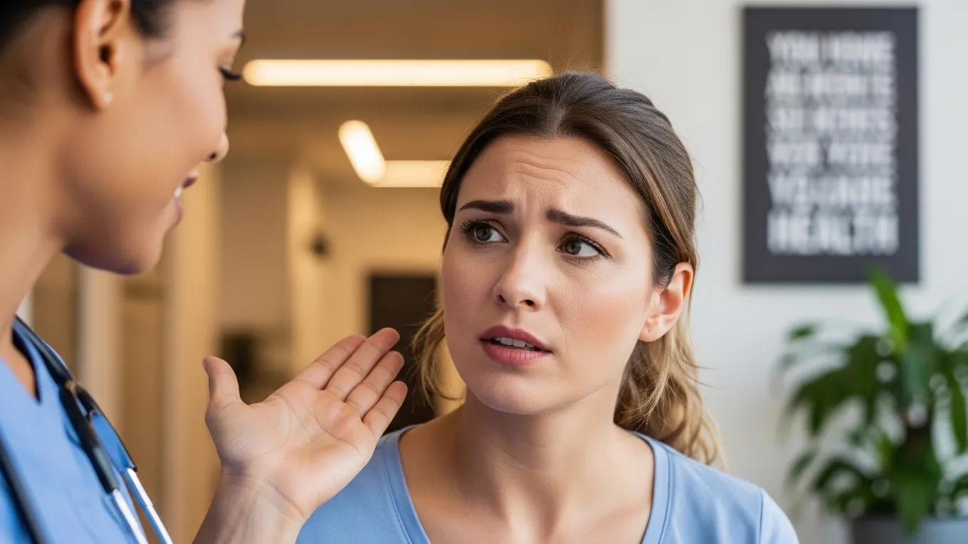 Woman discussing endometriosis symptoms with a healthcare provider in a supportive clinic