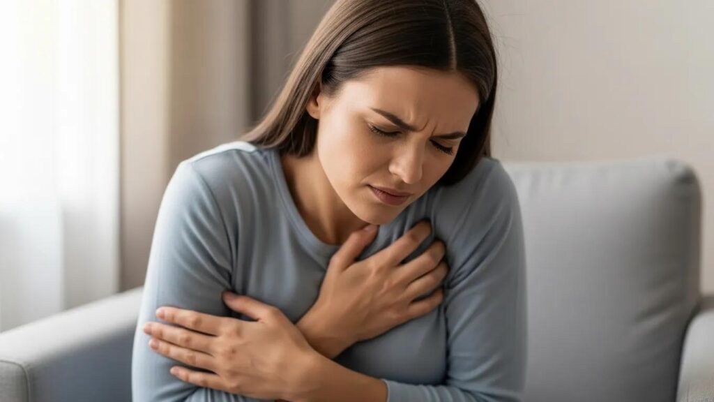 Woman experiencing chest pain related to endometriosis, conveying discomfort and empathy