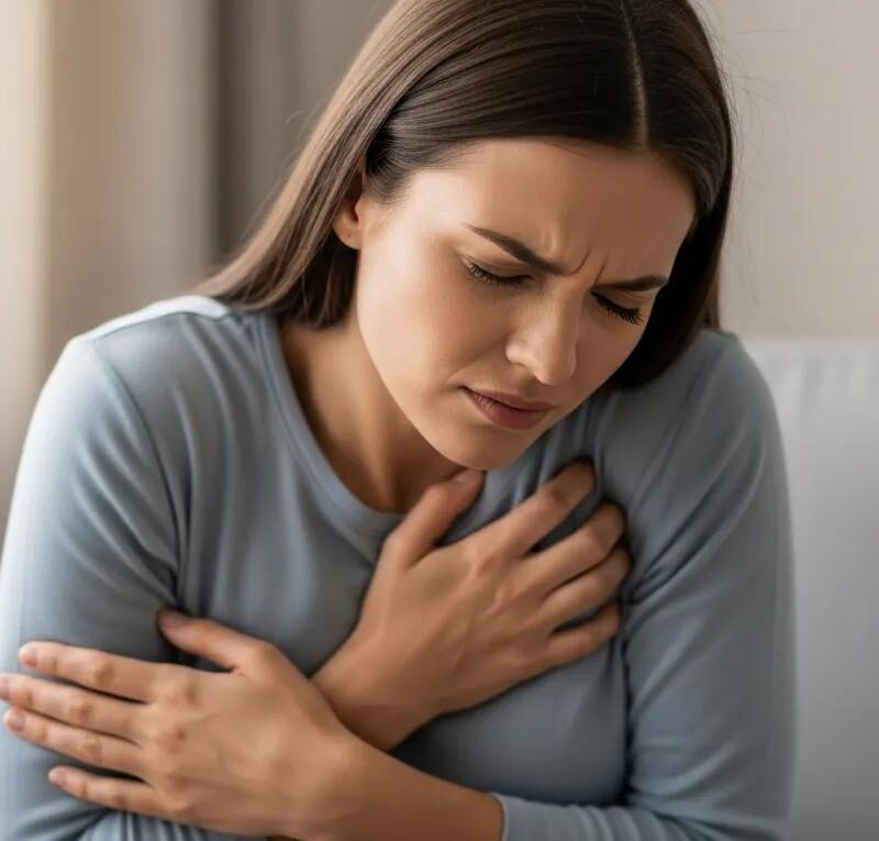 Woman experiencing chest pain related to endometriosis, conveying discomfort and empathy