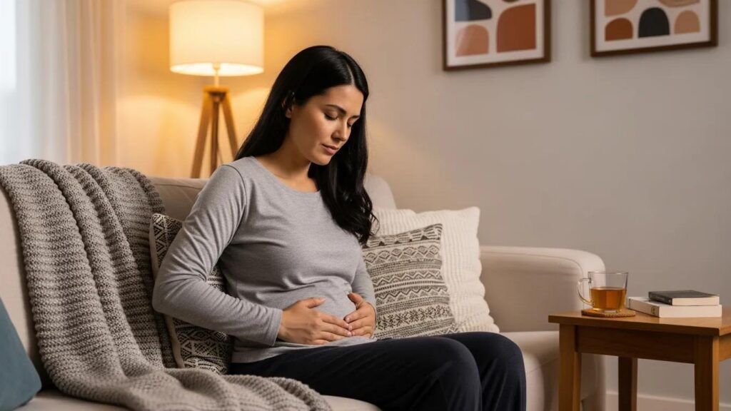 Woman experiencing endometriosis bladder pain in a cozy living room setting