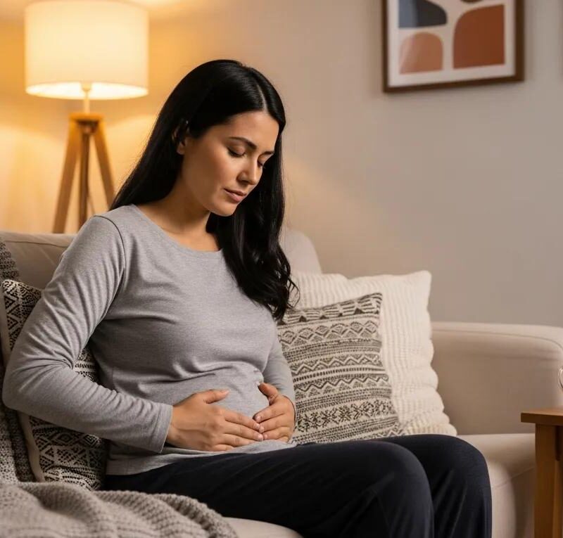 Woman experiencing endometriosis bladder pain in a cozy living room setting