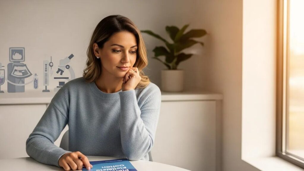 Woman in a fertility clinic contemplating egg freezing options