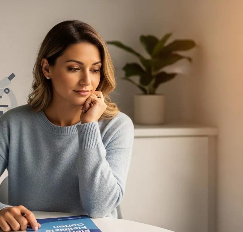 Woman in a fertility clinic contemplating egg freezing options