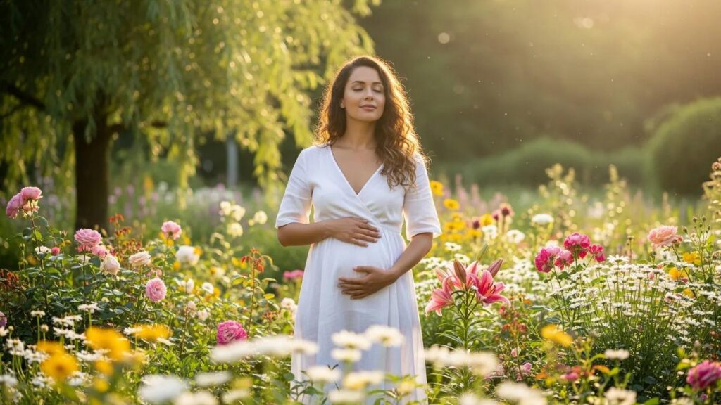 Woman in a garden symbolizing fertility and health