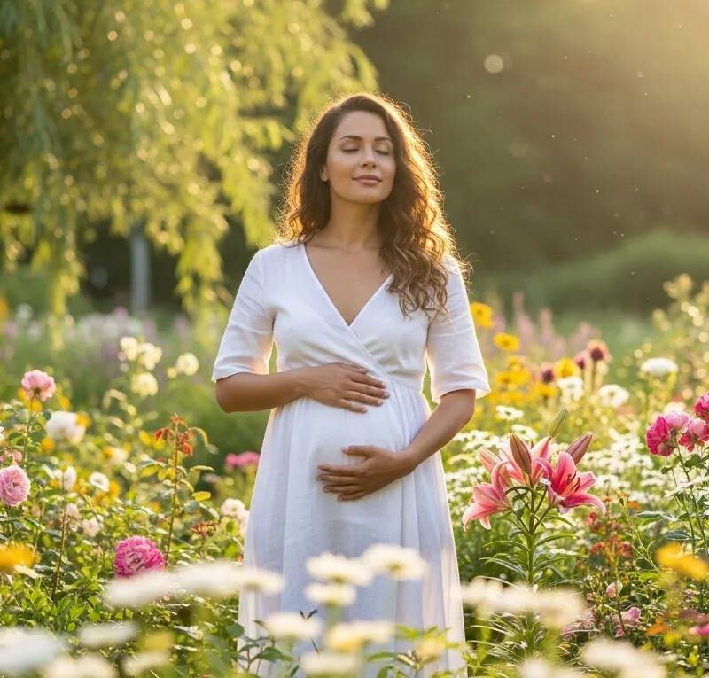 Woman in a garden symbolizing fertility and health