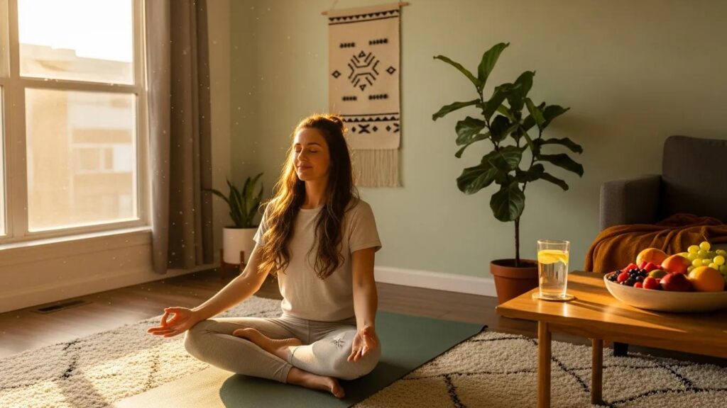 Woman practicing yoga in a peaceful home environment, symbolizing self-care and wellness in preventing endometriosis recurrence