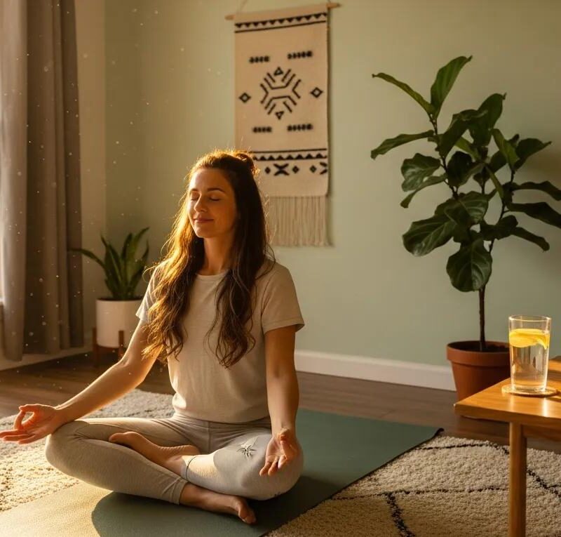 Woman practicing yoga in a peaceful home environment, symbolizing self-care and wellness in preventing endometriosis recurrence