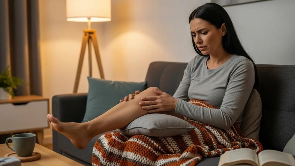 Woman sitting on a couch with leg pain, illustrating the impact of sciatic endometriosis