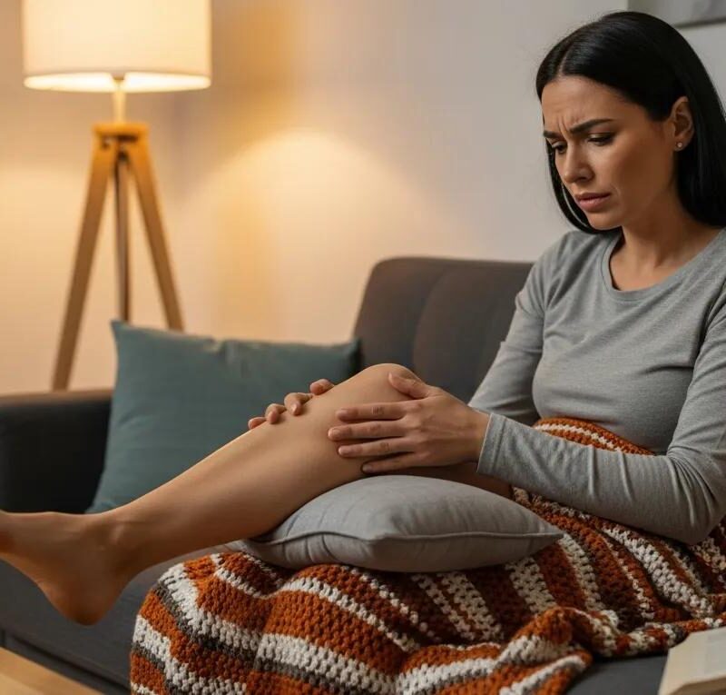 Woman sitting on a couch with leg pain, illustrating the impact of sciatic endometriosis