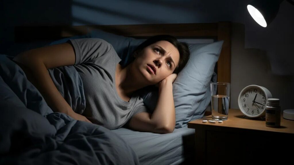 Woman struggling to sleep in a dimly lit bedroom, representing sleep disruption due to endometriosis