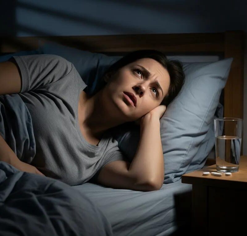 Woman struggling to sleep in a dimly lit bedroom, representing sleep disruption due to endometriosis