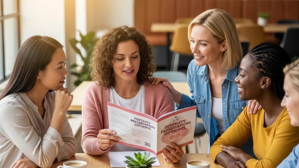 Women discussing fertility preservation techniques in a supportive environment