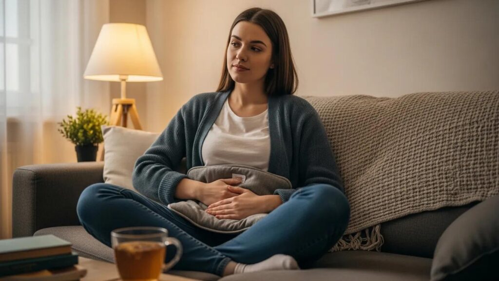 Young woman using a heating pad for period pain, representing comfort and self-care