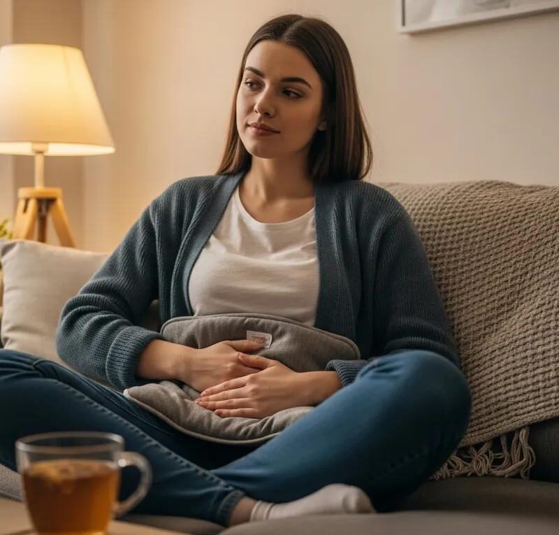Young woman using a heating pad for period pain, representing comfort and self-care